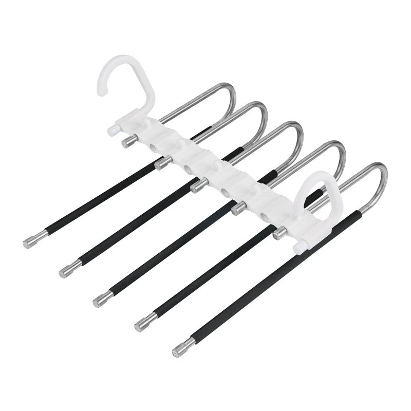 Multi-shoe hanger with white plastic holder and black metal hooks on a white background