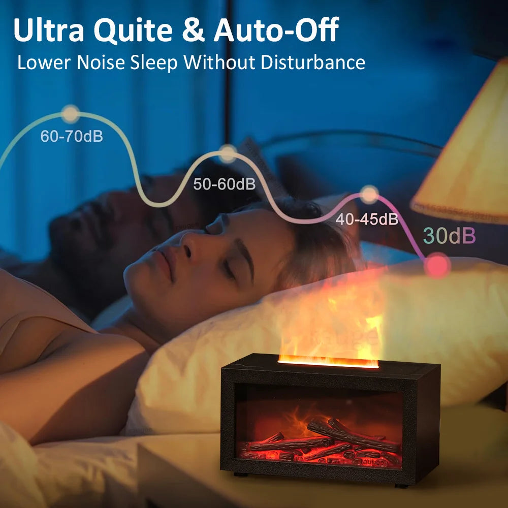 Person lying in bed with a firelamp emitting a calming glow, with text about noise levels and features.
