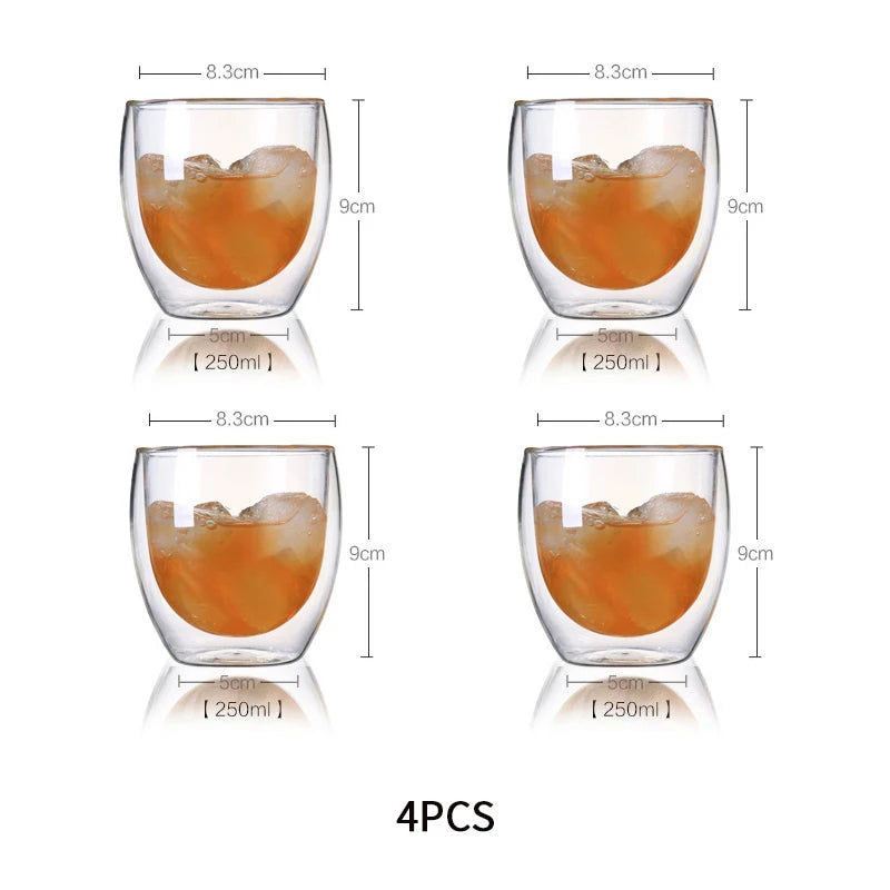 Four double-walled glass tumblers with ice cubes, showing dimensions and capacity on a white background.