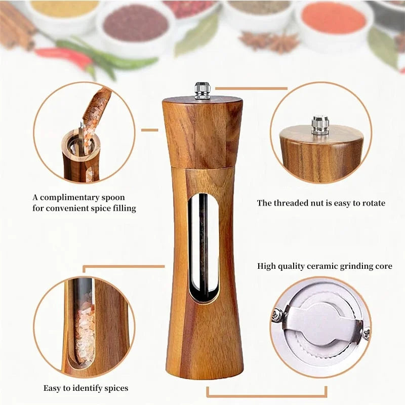 Wooden pepper grinder with features highlighted on a white background