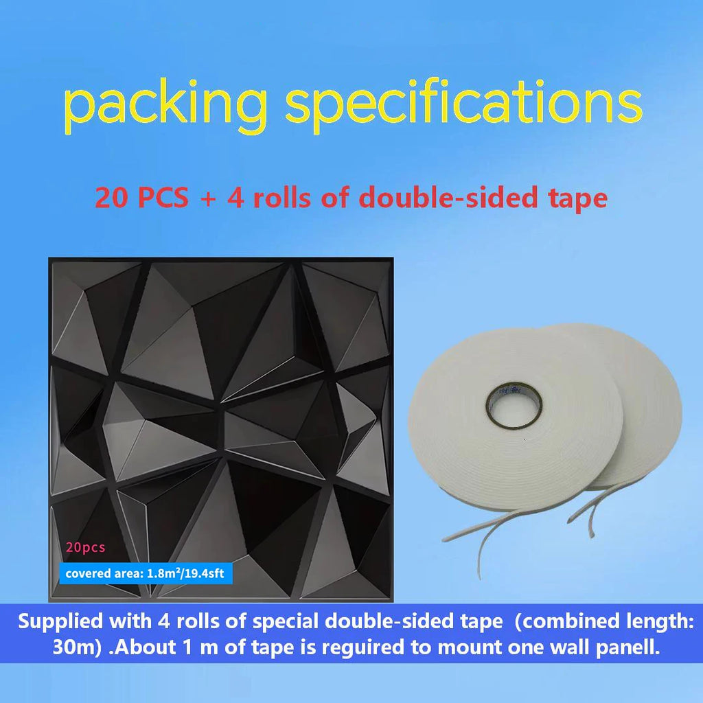 Packing specifications for wall panels with double-sided tape on a blue background