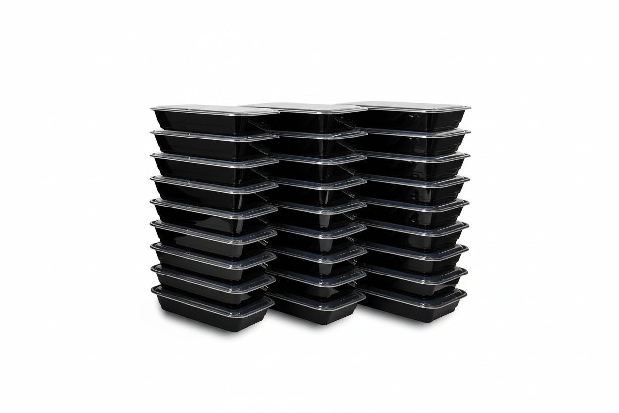 Stack of black food containers with lids on a cardboard stand, labeled '30PCS'.