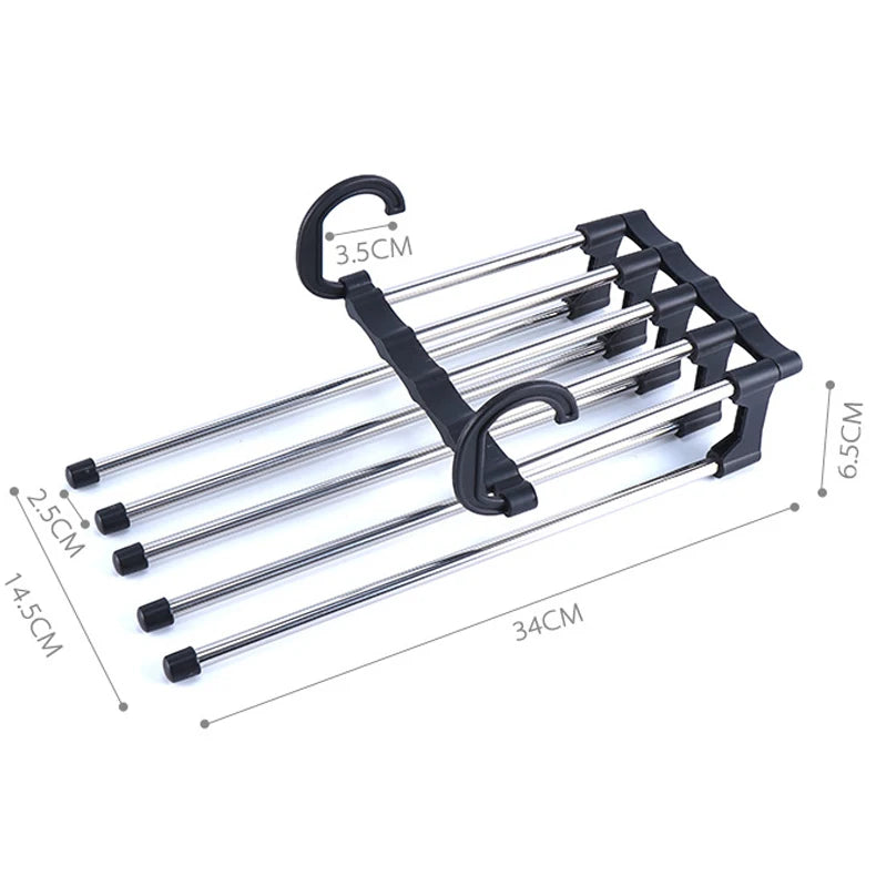 Black and silver multi-layered hanger with measurements on a white background