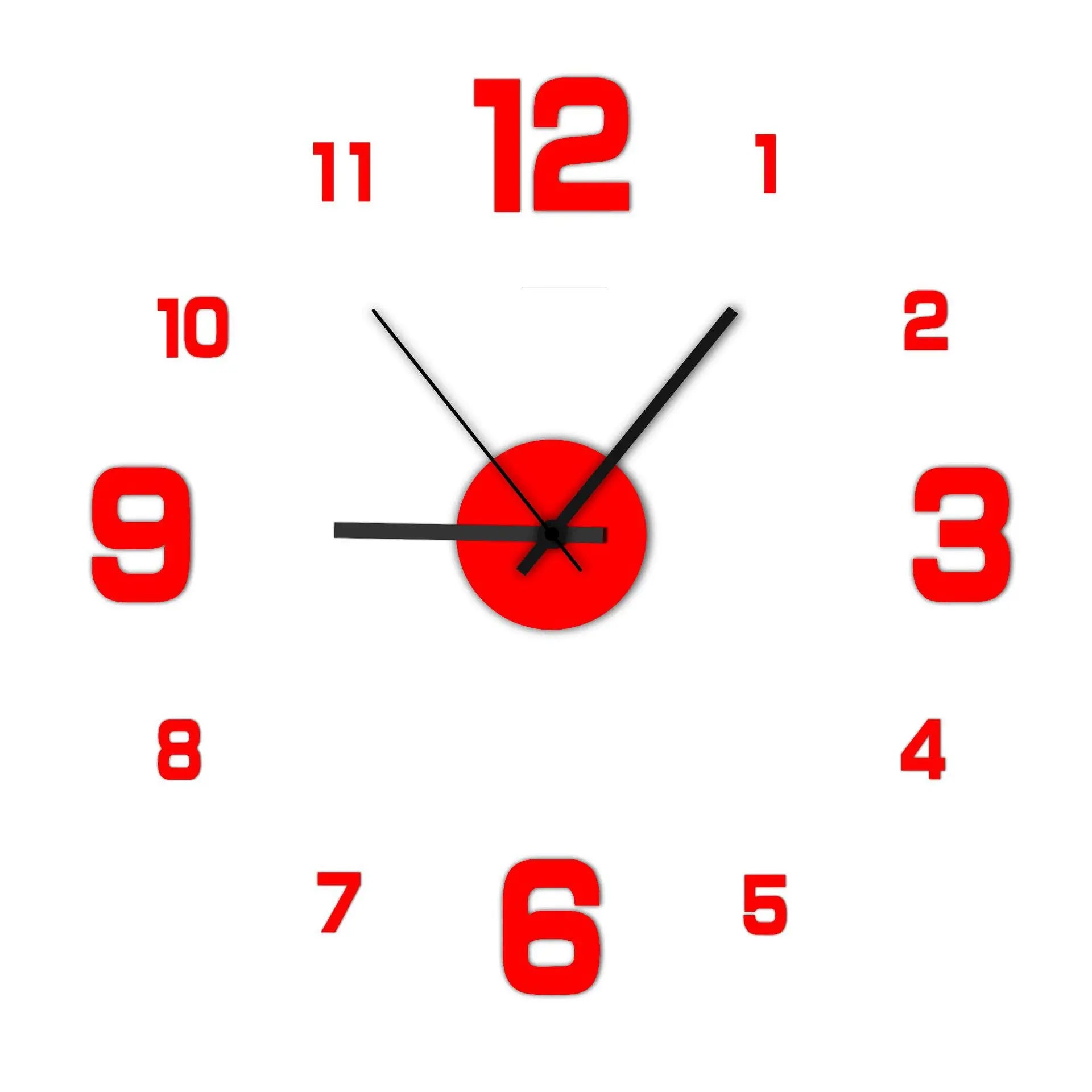 Wall clock with red numbers and black hands on a white background