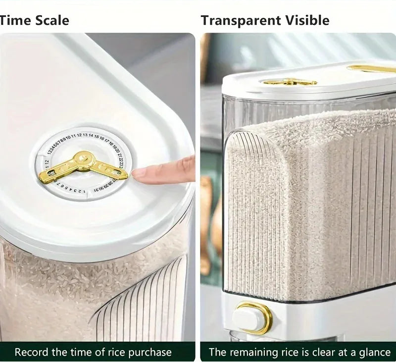 Rice storage container with time scale and transparent lid showing remaining rice.