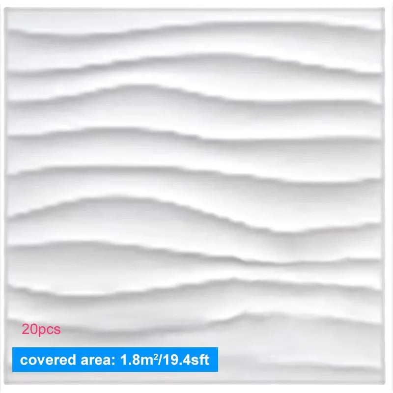 White 3D wave pattern wall panel with text indicating quantity and coverage area.
