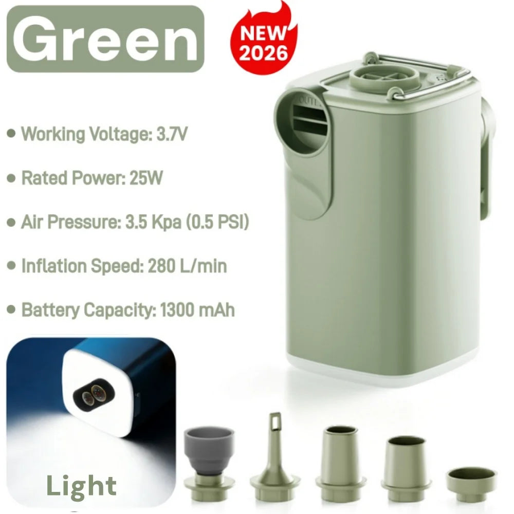Portable air pump with specifications and accessories on a white background