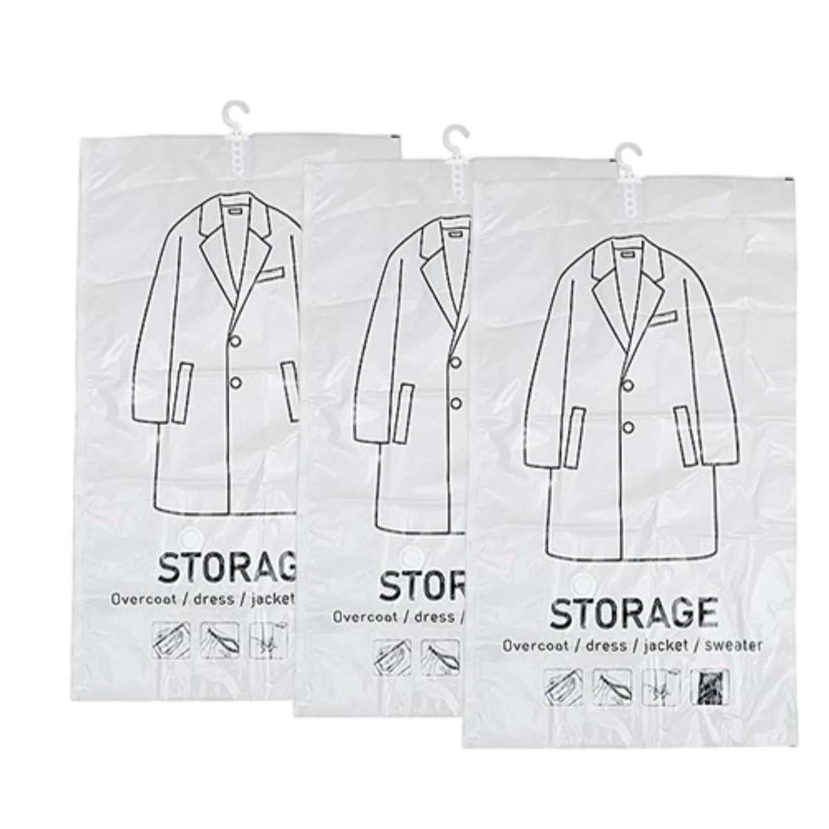 Three clear storage bags with illustrations of coats and labels on a white background
