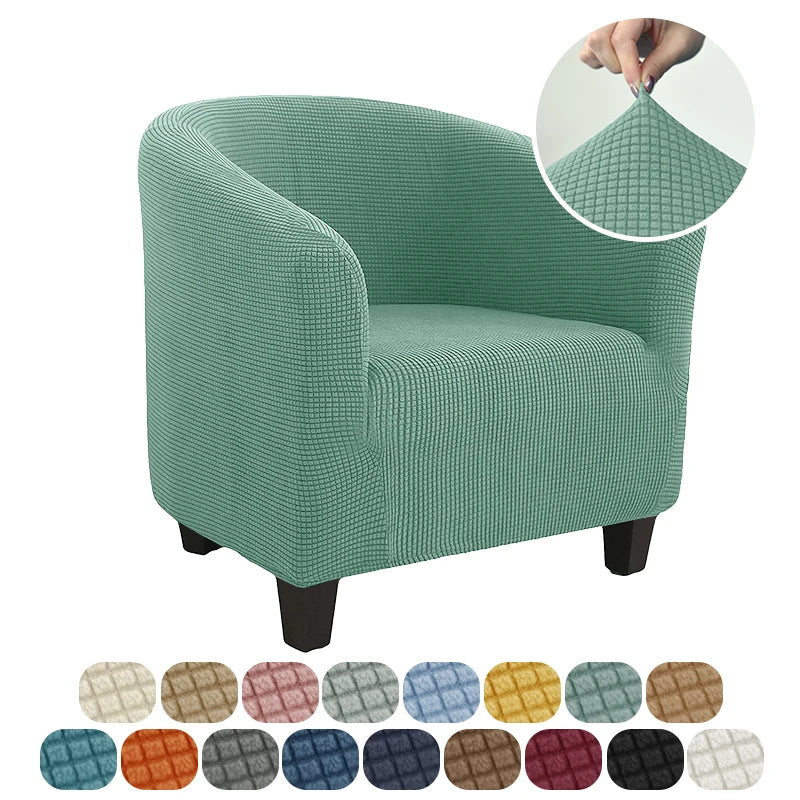 Green armchair with a close-up of the fabric texture and color swatches below.