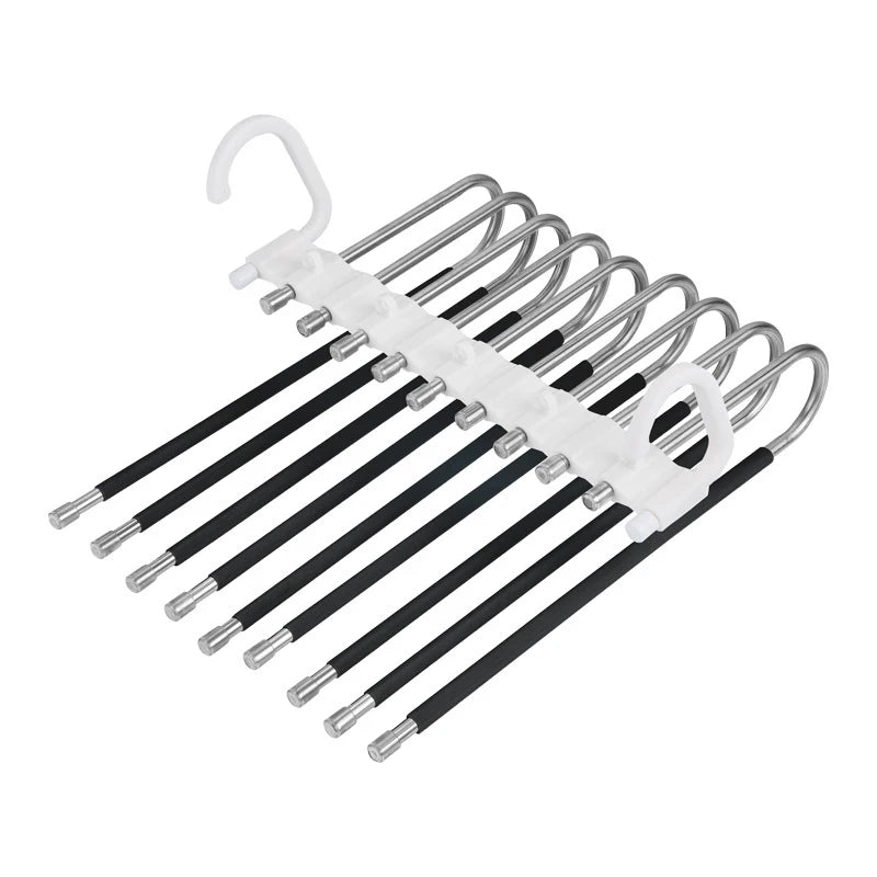 Set of black hangers with silver hooks on a white background