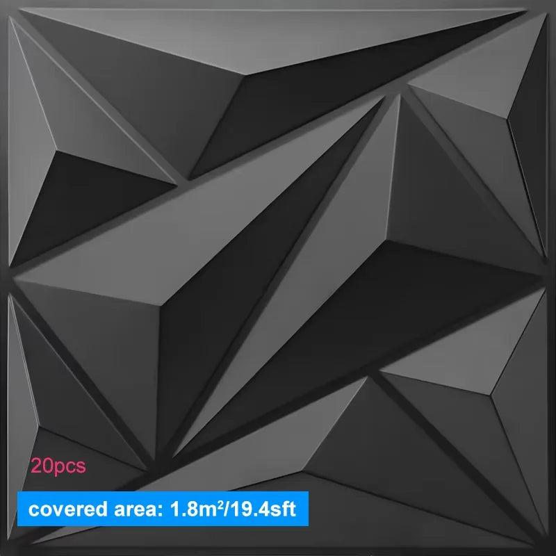 Geometric black wall panel with text indicating quantity and covered area