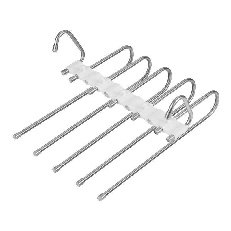 Metal garment rack with multiple hooks on a white background
