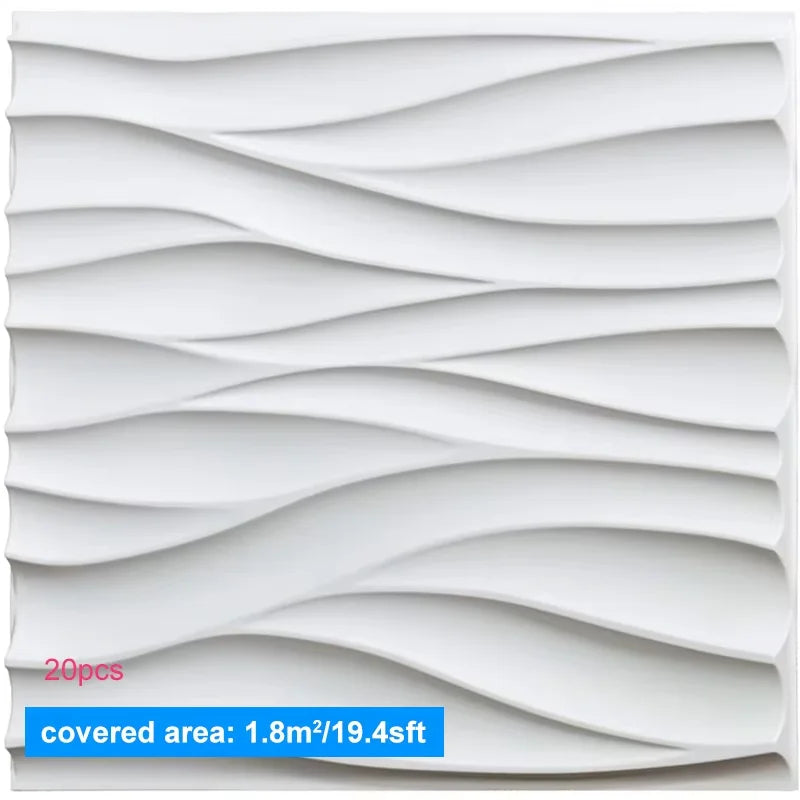 White 3D wall panel with wavy texture, shown in a grid pattern.