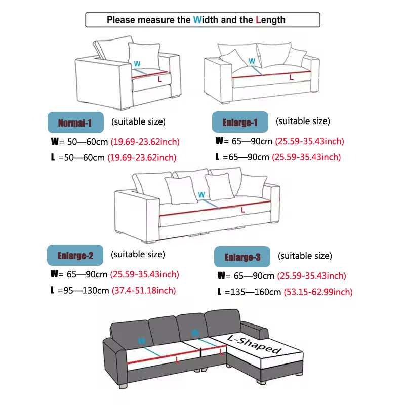 Measurement guide for different sizes of a sofa with dimensions labeled.