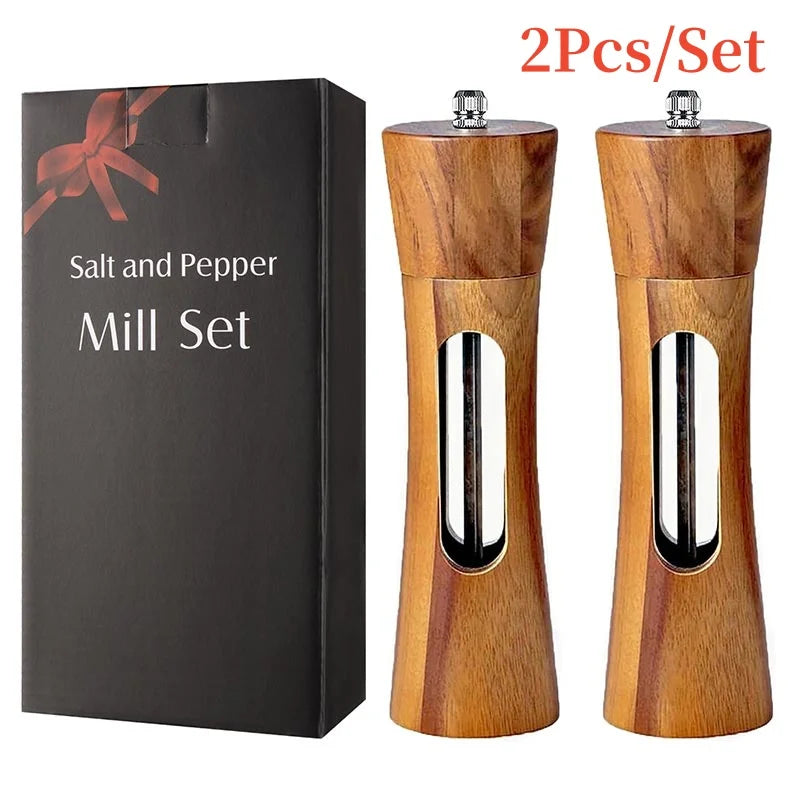 Wooden salt and pepper mill set with a black gift box labeled 'Salt and Pepper Mill Set'.