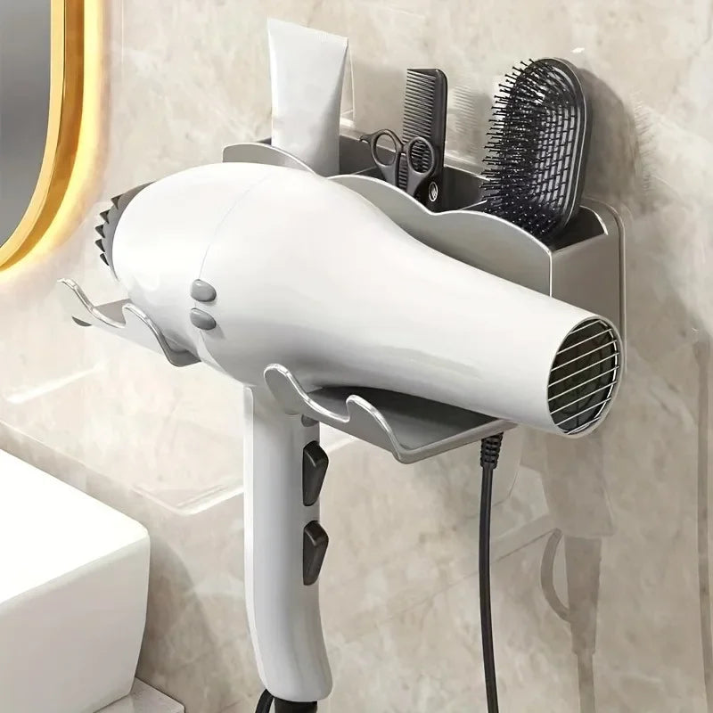 Hair dryer mounted on a wall with attachments in a bathroom setting