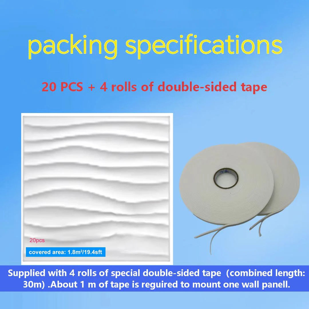 Packing specifications for wall panels with double-sided tape on a blue background