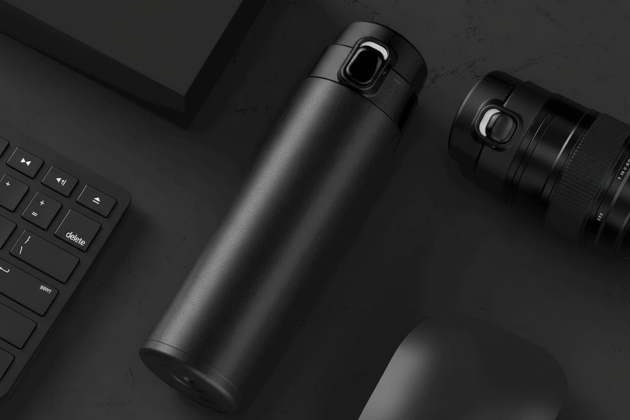 Black thermos bottle on a dark surface with keyboard in the background