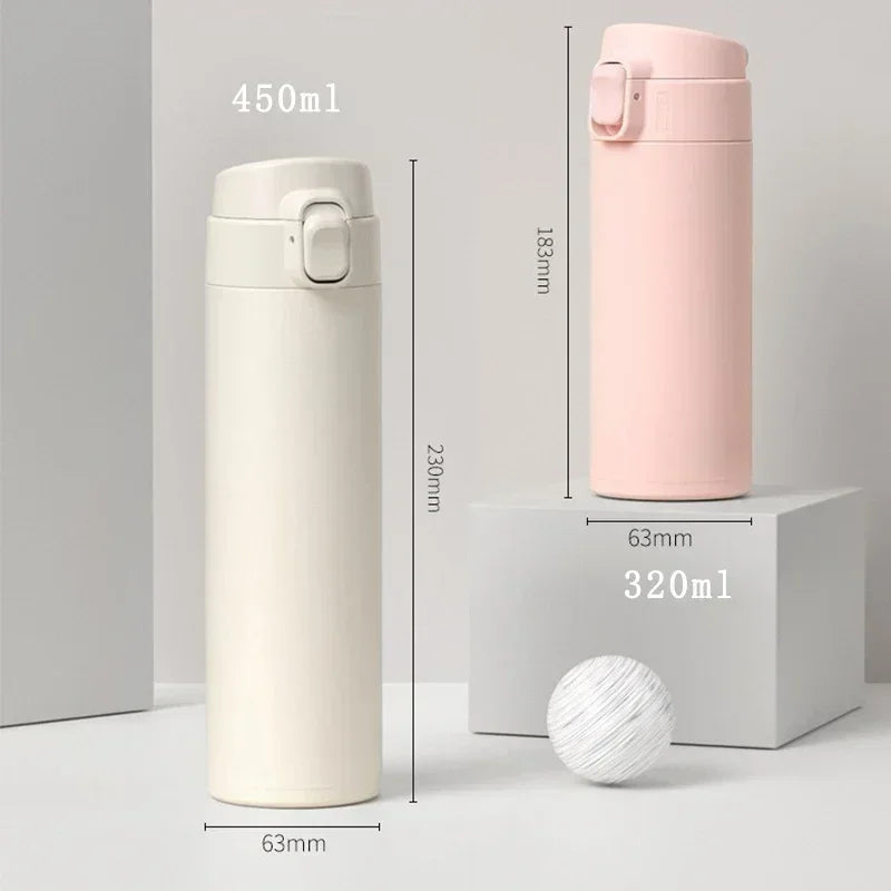 Two thermos bottles, one white and one pink, with measurements on a light gray background.