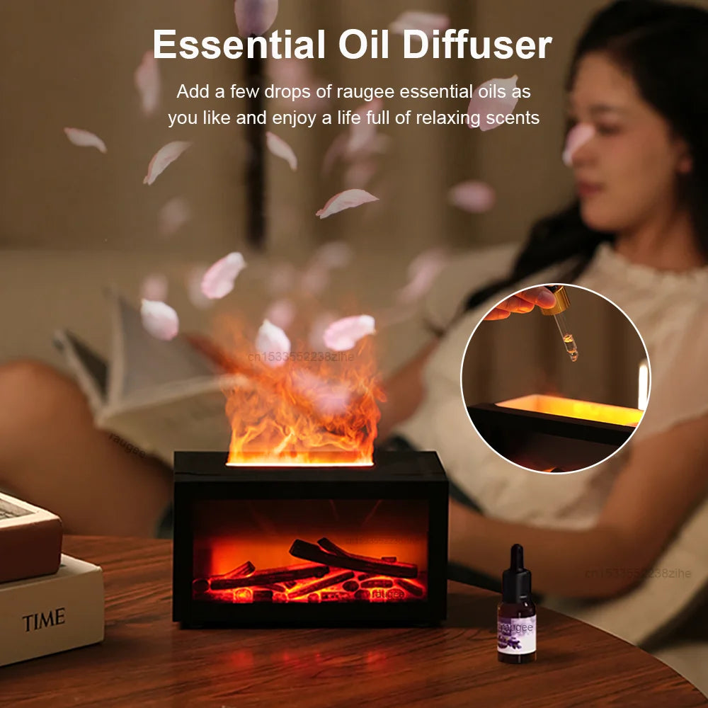 Essential oil diffuser with flames on a table, woman reading in the background