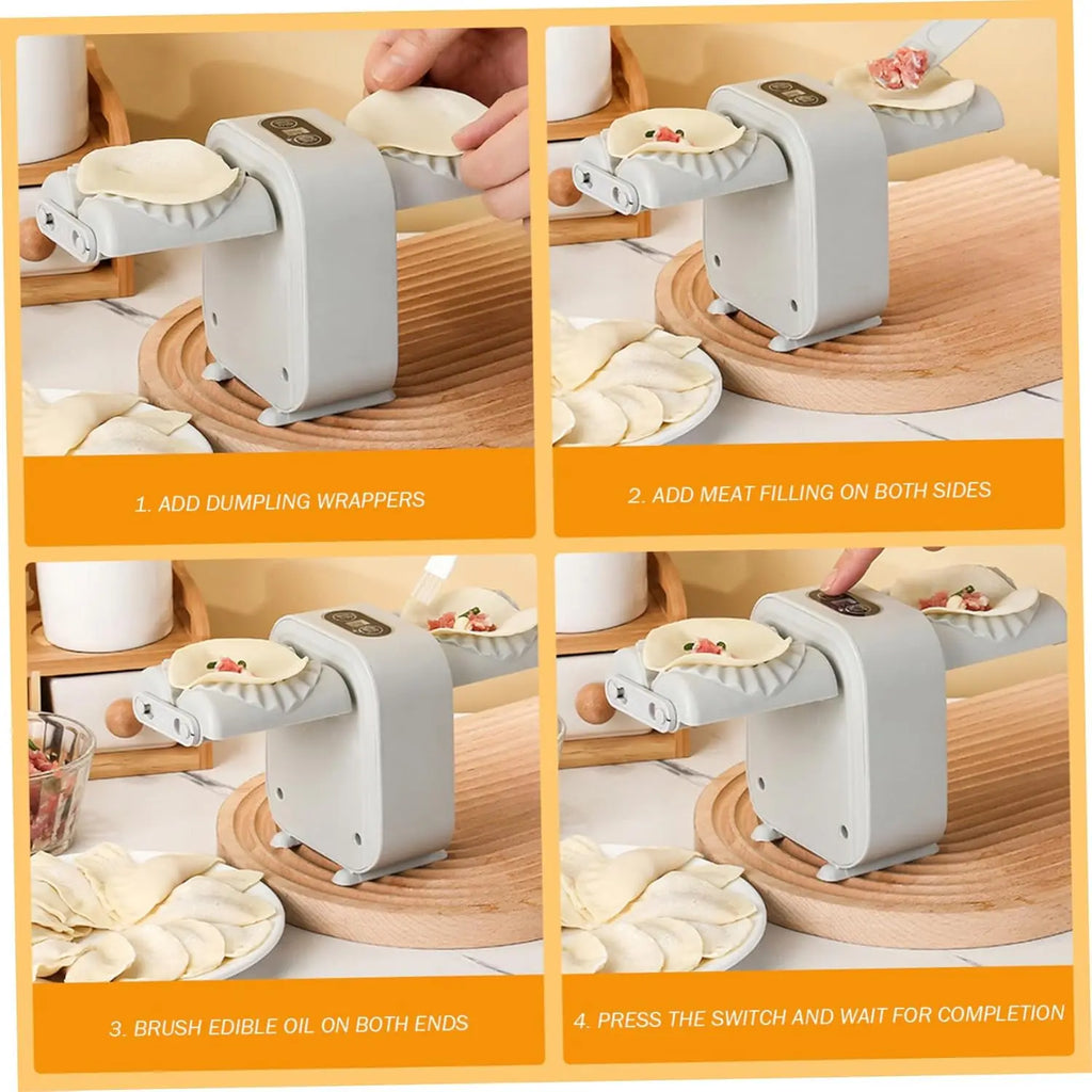 Step-by-step guide on using a dumpling maker with text instructions.