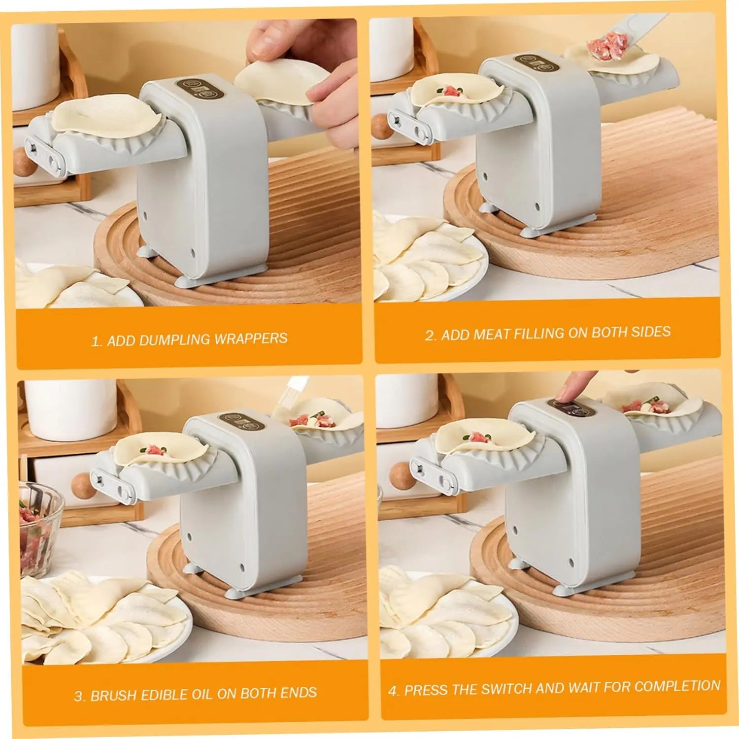Step-by-step guide on using a dumpling maker with text instructions.