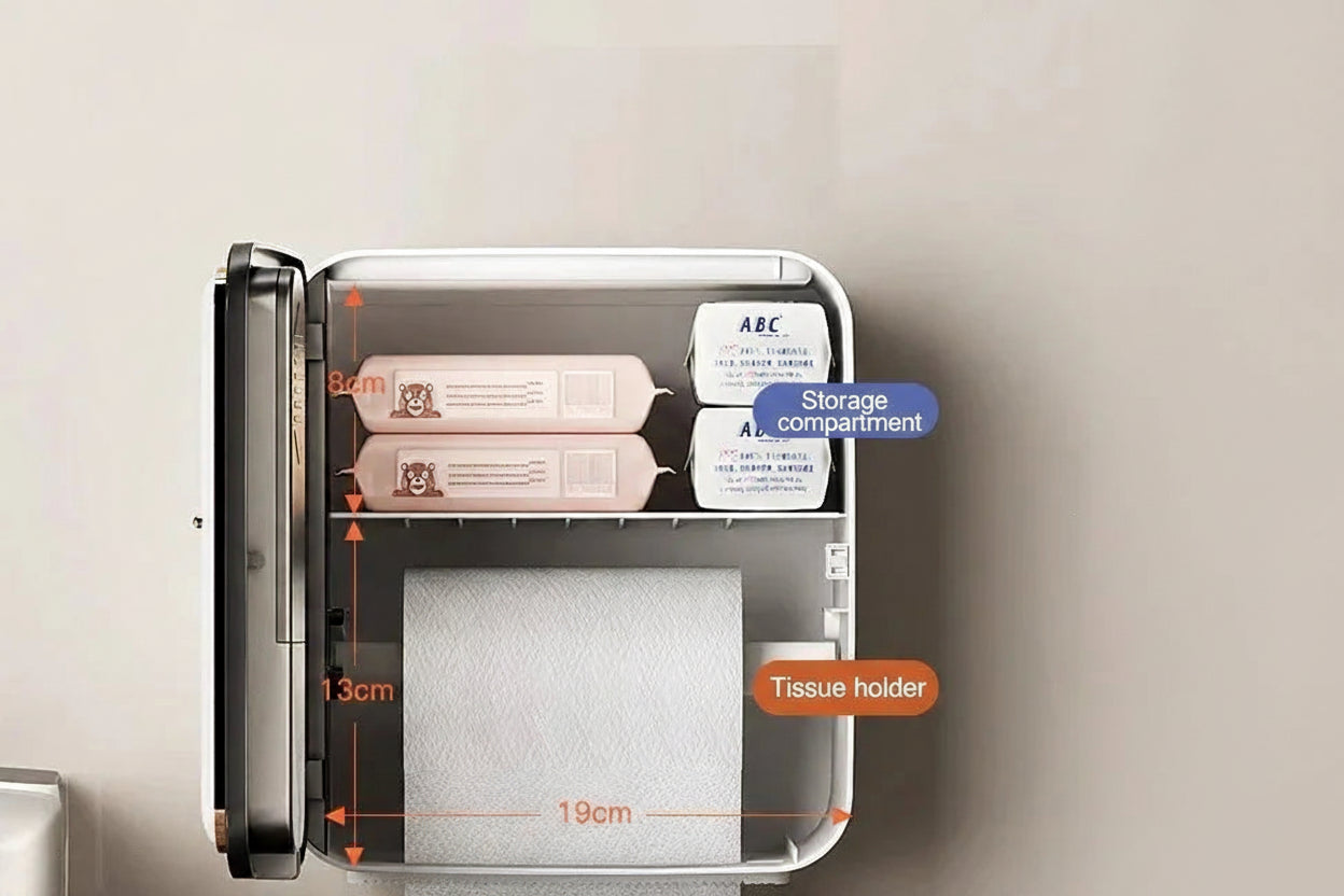 Wall-mounted paper towel holder with dimensions labeled on a neutral background