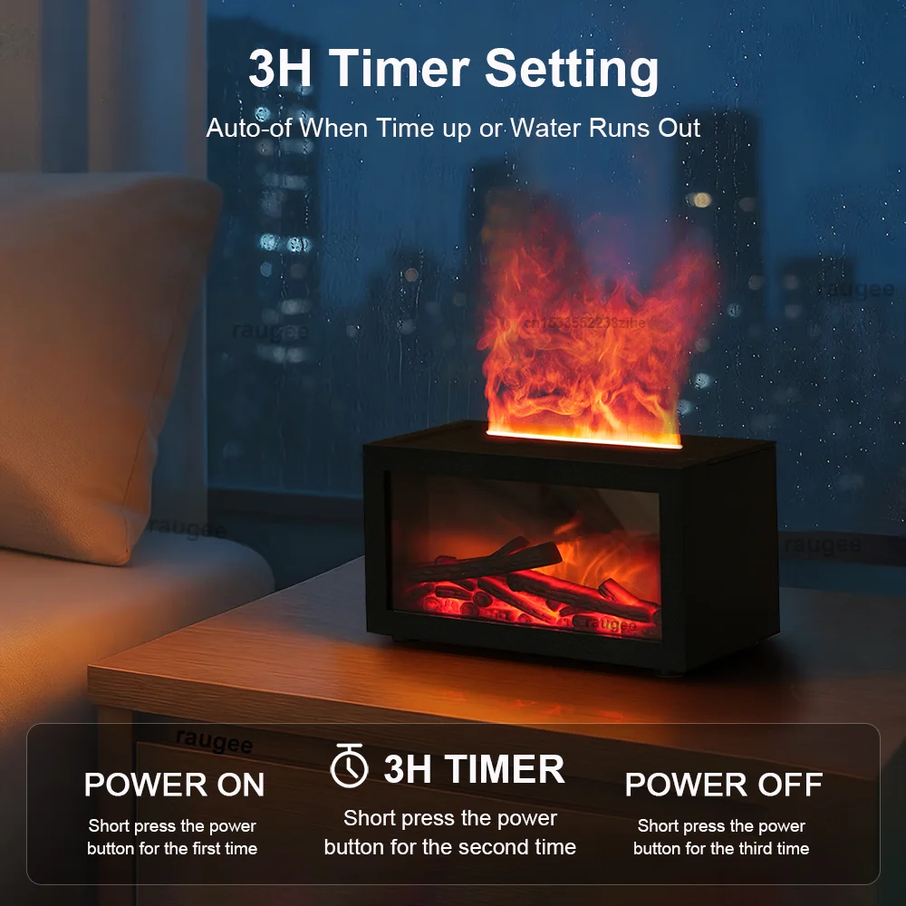 Tabletop fireplace with digital display and timer setting in a room with a cityscape view.