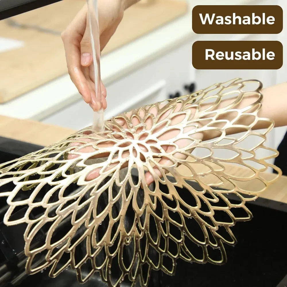 Reusable gold-colored metal strainer with text 'Washable' and 'Reusable' on a blurred background.