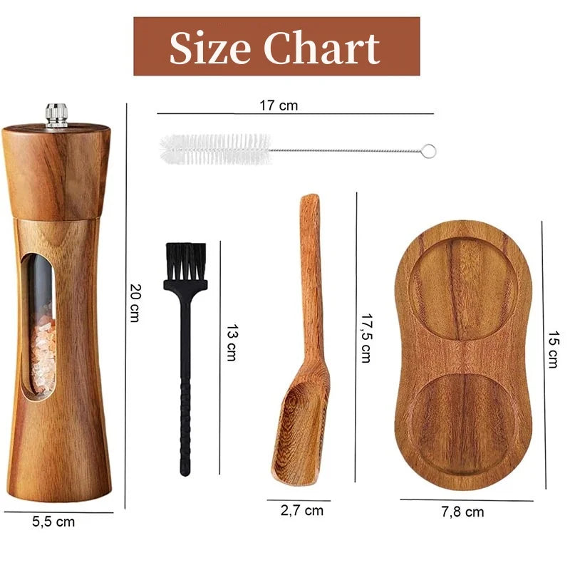 Size chart showing dimensions of wooden kitchen tools including a grinder, brush, spatula, and tray.