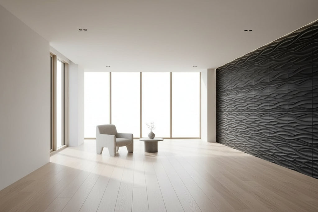 Modern living room with a textured black wall panel and gray sofa.