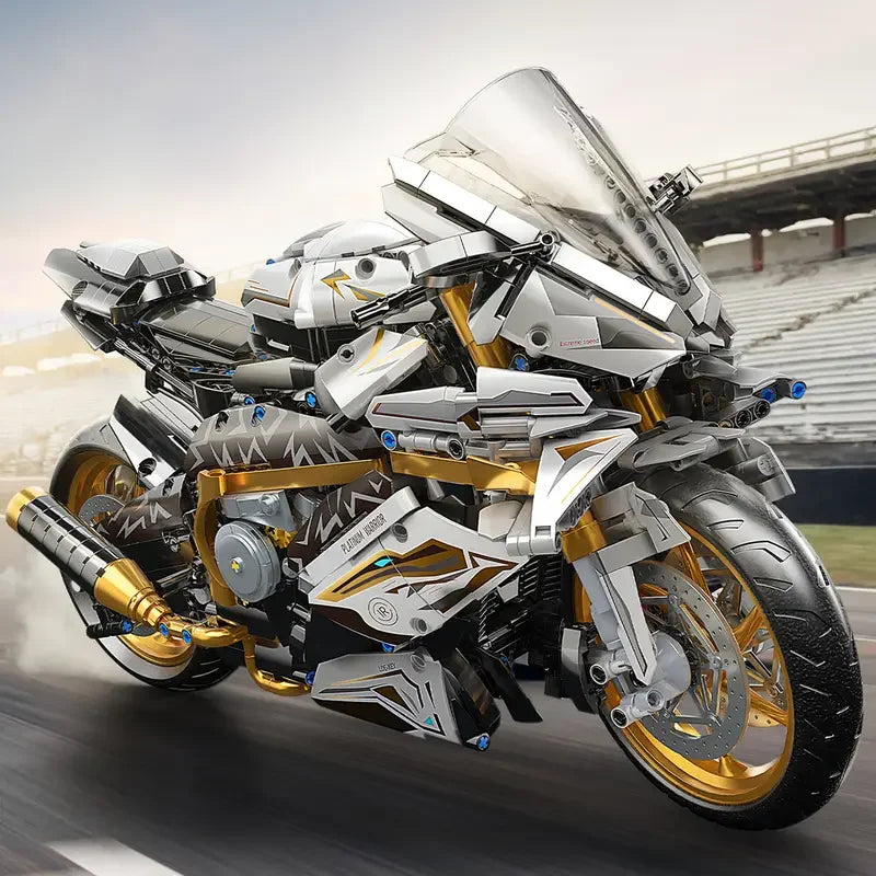 Motorcycle with gold and silver design on a blurred background