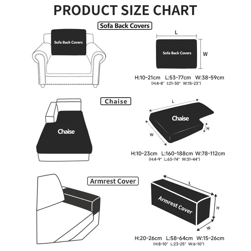 Product size chart for sofa back covers, chaise, and armrest covers with dimensions.