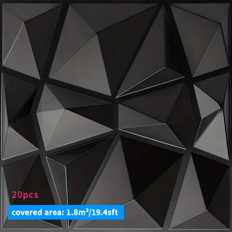 Geometric black wall panel with text indicating quantity and coverage area.