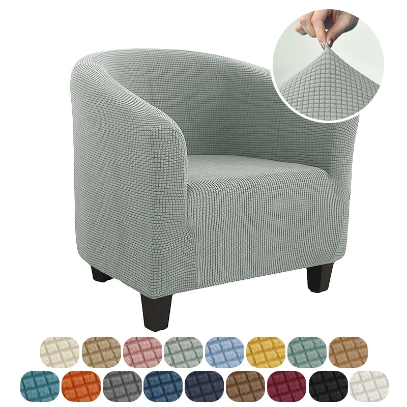 Gray armchair with a close-up of a chair cover and color swatches below.