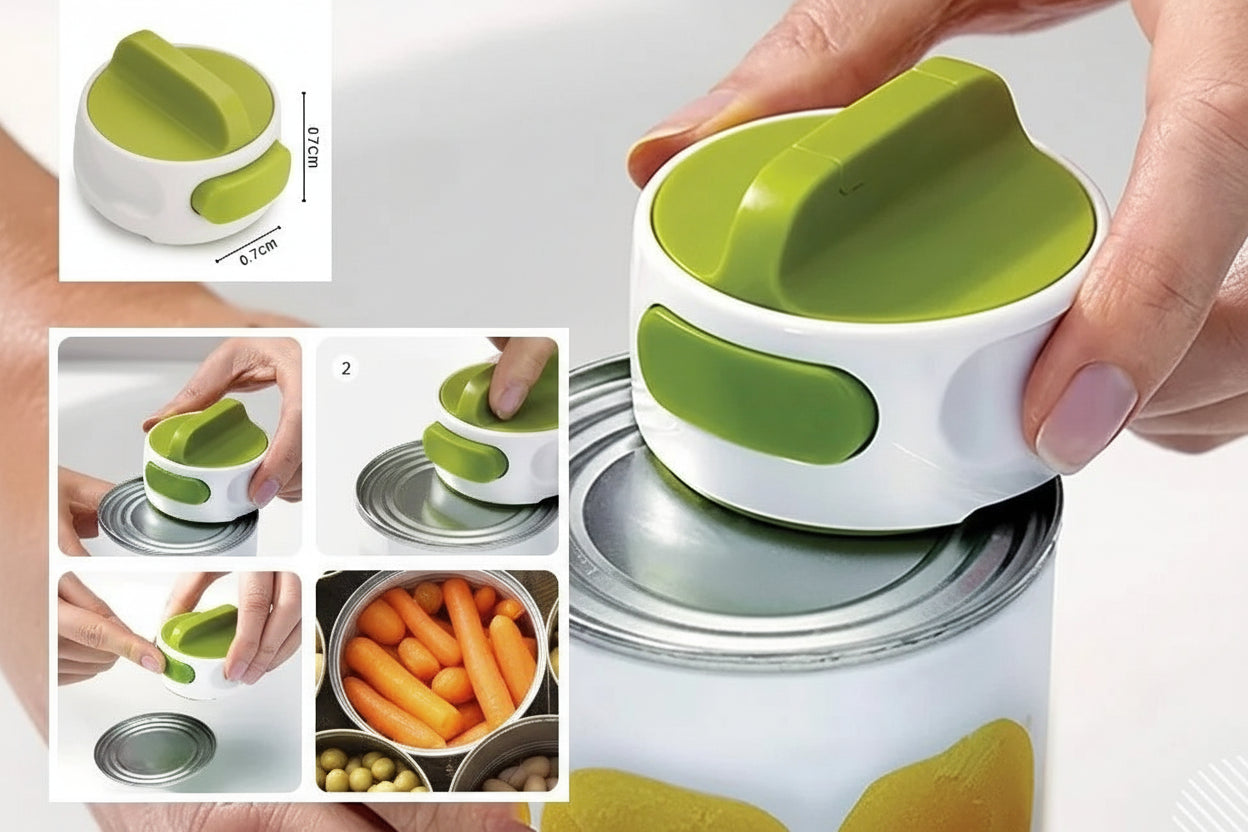 Green and white can opener with a hand using it, surrounded by images of its use and features.