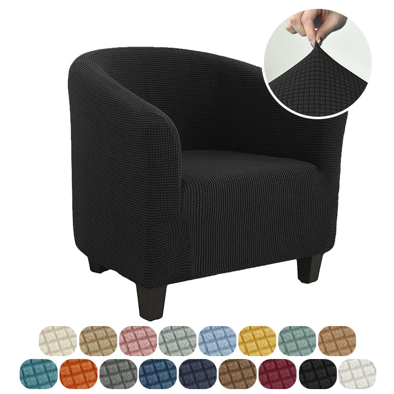 Black armchair with a close-up of the fabric texture and color swatches below.