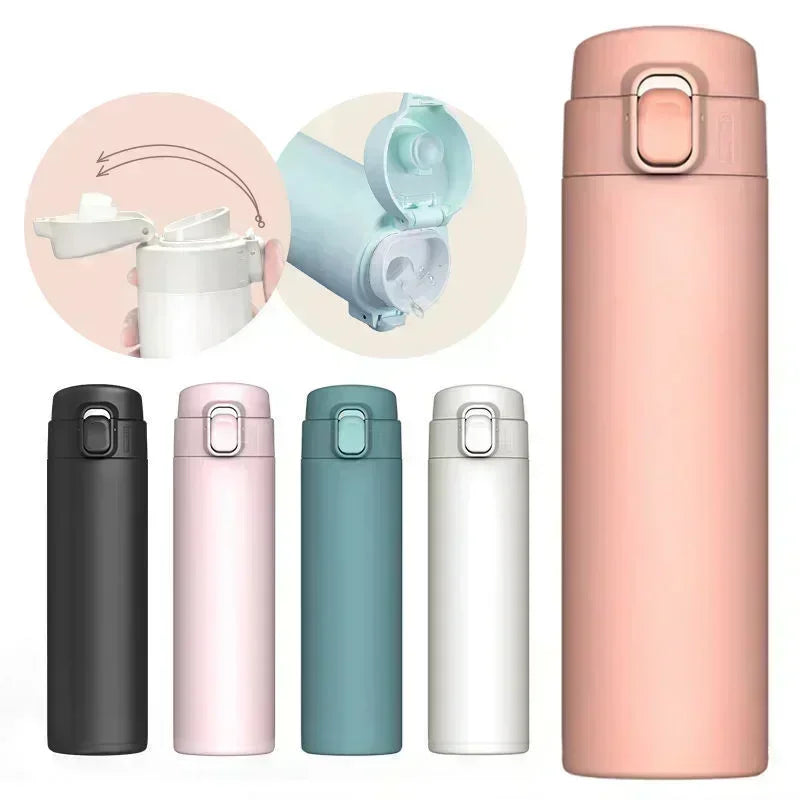 Set of colorful stainless steel water bottles with a close-up of the cap mechanism on a white background.