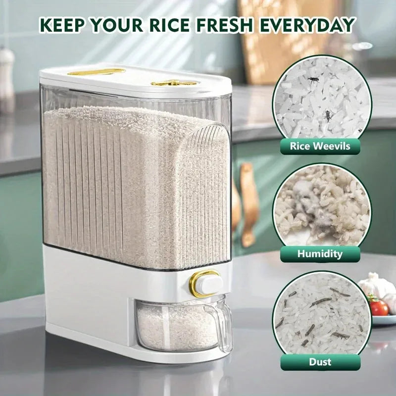 Rice storage container with a kitchen background, showing how it keeps rice fresh from weevils, humidity, and dust.