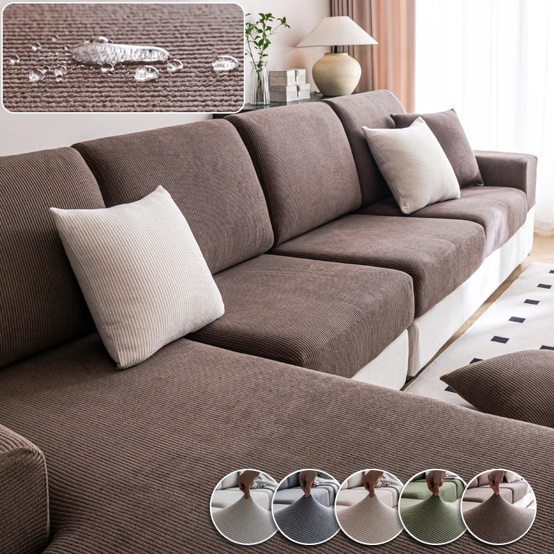 Brown sectional sofa with beige cushions in a living room setting.
