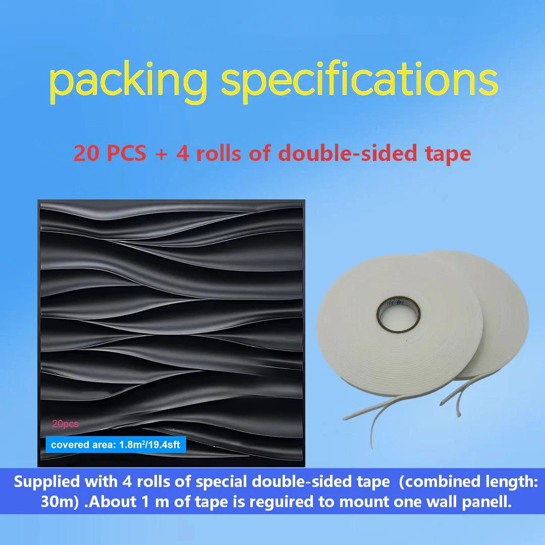 Packing specifications for wall panels with double-sided tape on a blue background