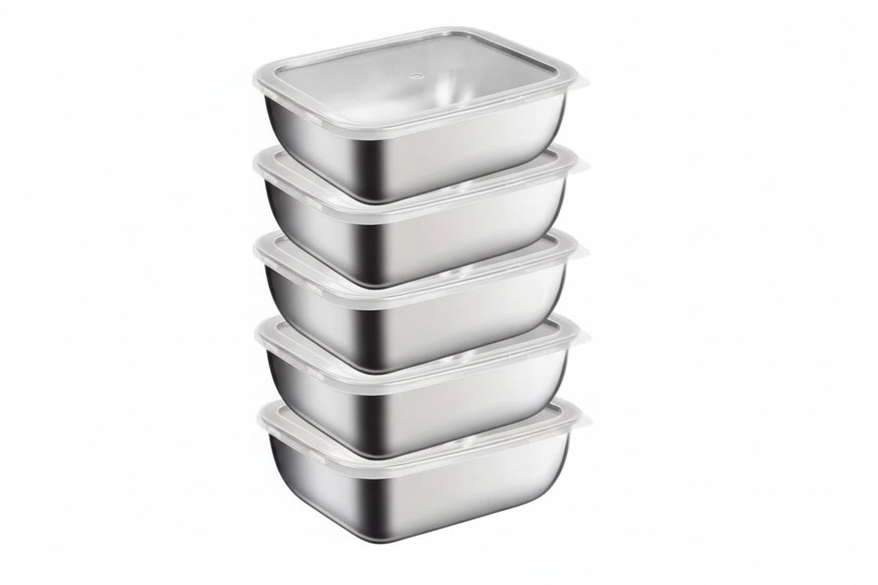 Set of five stainless steel food containers with lids on a white background