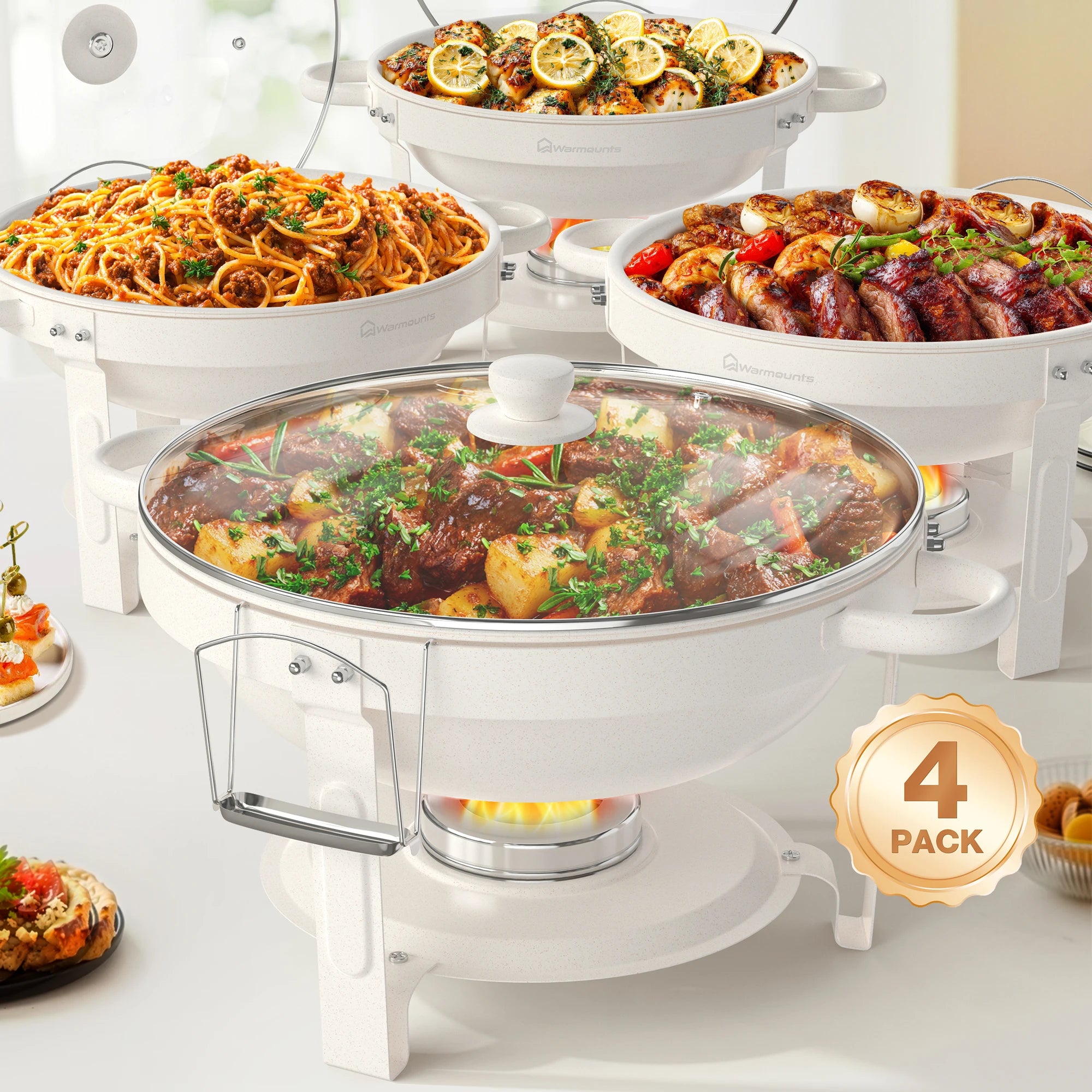 5QT Round Chafing Dishes Buffet Set with Glass Lid - White Chafer for Catering