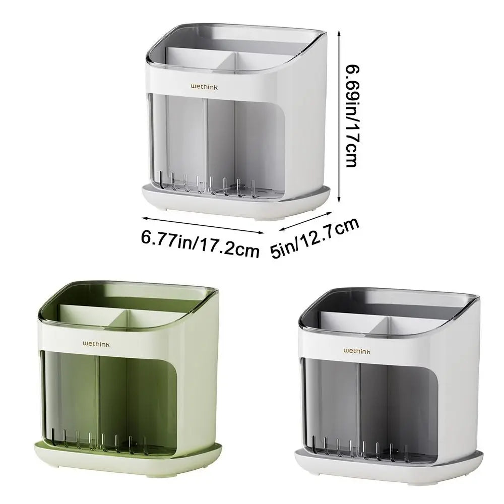 Three pen holders in different colors with dimensions displayed on a white background