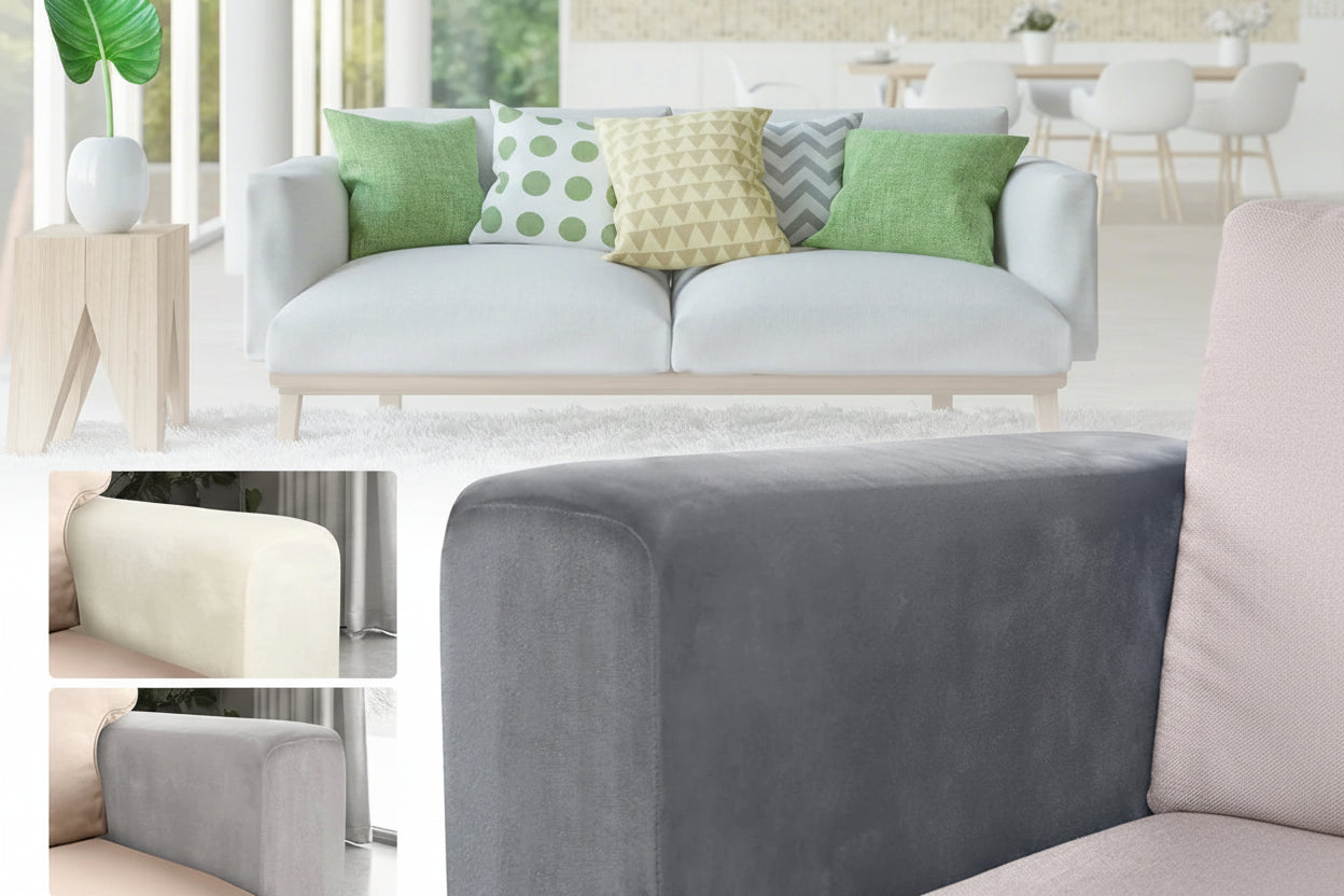 Collage of a gray sofa with colorful cushions and a close-up of the sofa armrest cover.