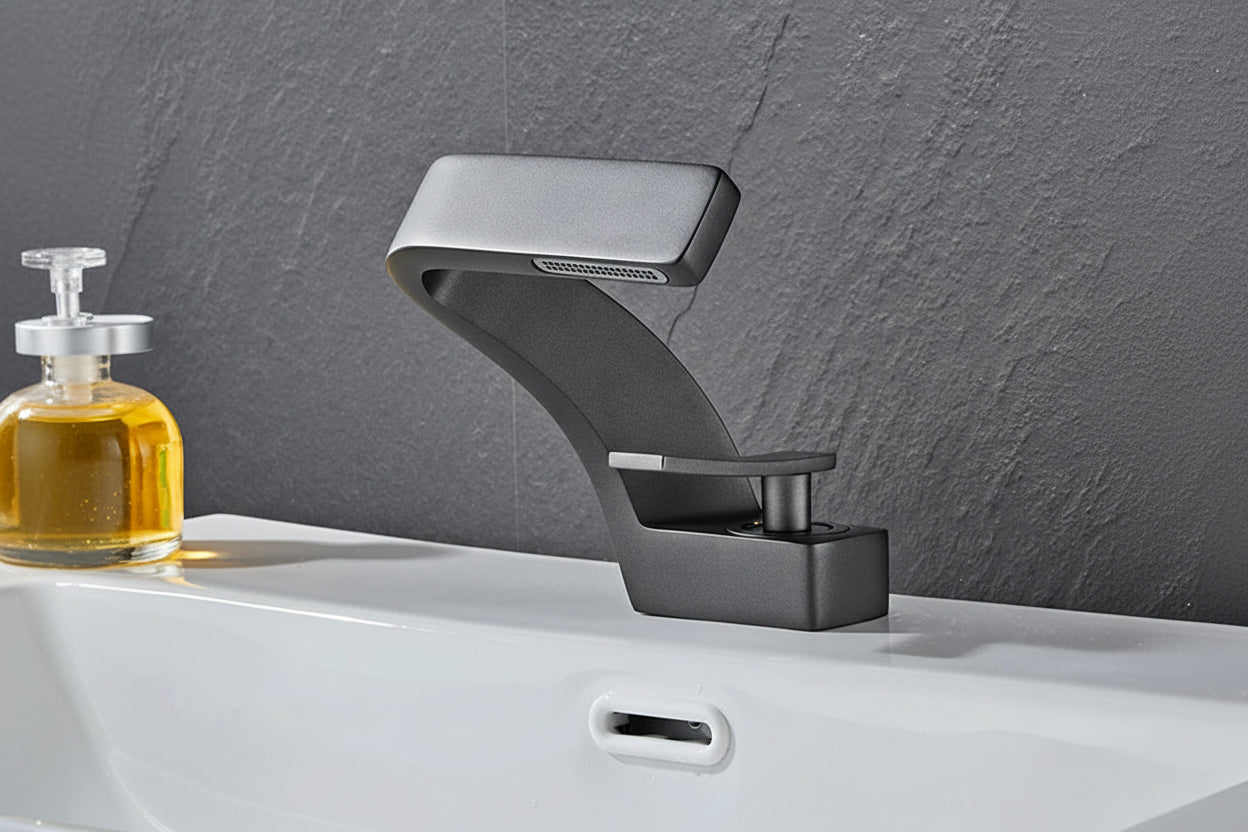 Gray basin faucet on a sink with a gray wall background, featuring the brand 'TOLM'.