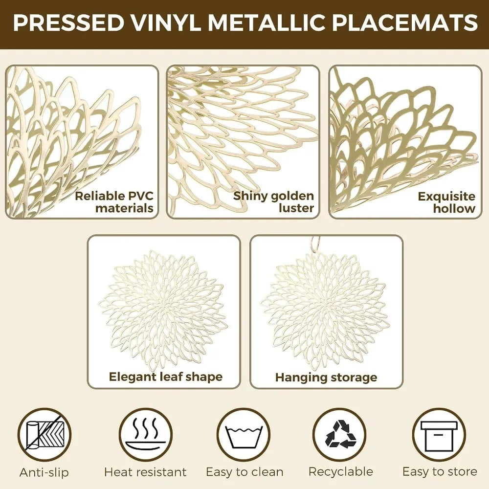 Pressed vinyl metallic placemats with leaf shapes and text describing features on a beige background.