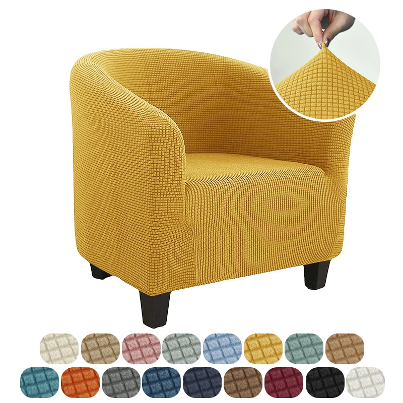 Yellow armchair with a close-up of a fabric swatch and color options below.