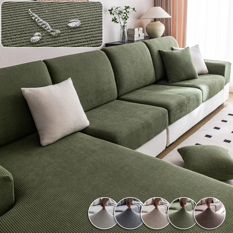 Green sectional sofa with a close-up of a textured rug and color swatches below.