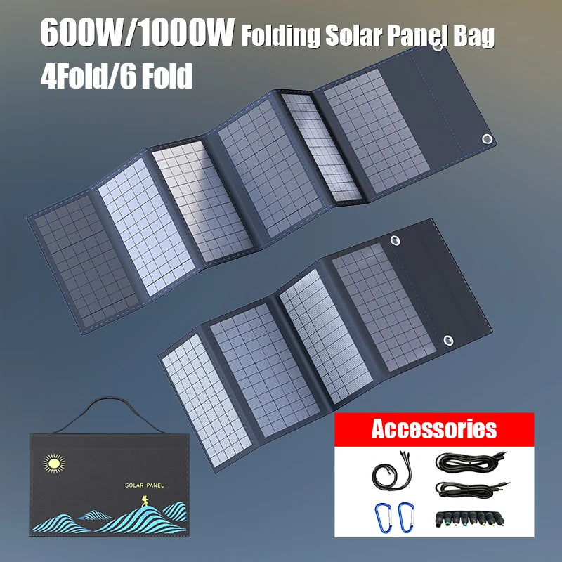 600W/1000W folding solar panel bag with accessories on a gray background
